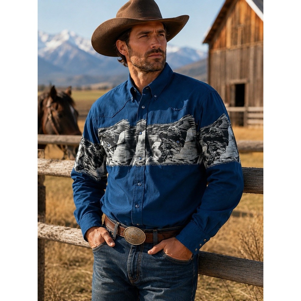 Vintage 90s Wrangler Western Pearl Snap Shirt XXL Blue Eagle Border Print